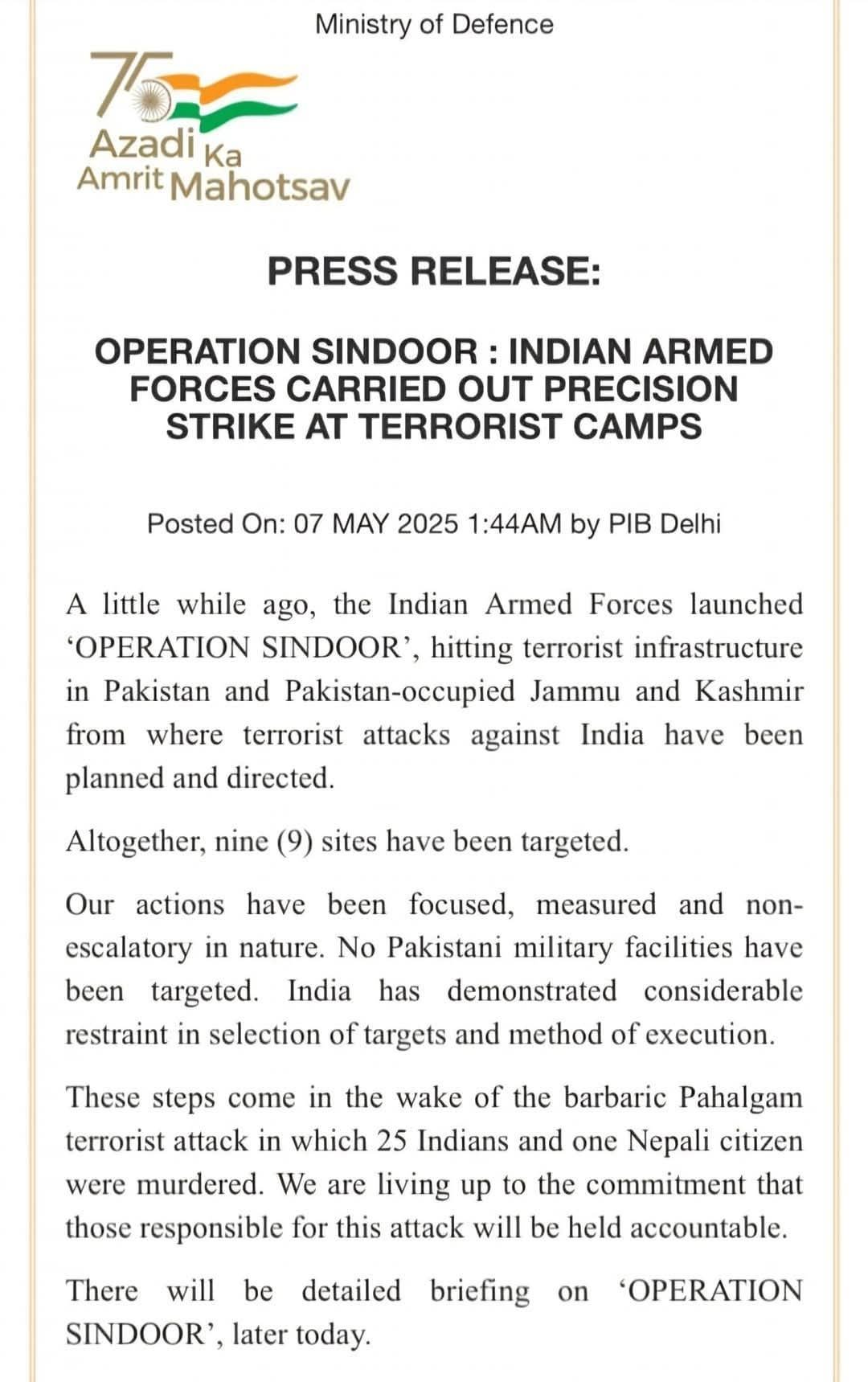 "Ministry of defence has released press note"